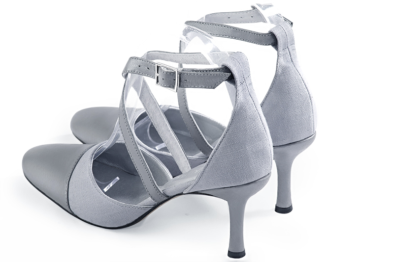 Mouse grey women's open side shoes, with crossed straps. Round toe. High slim heel. Rear view - Florence KOOIJMAN